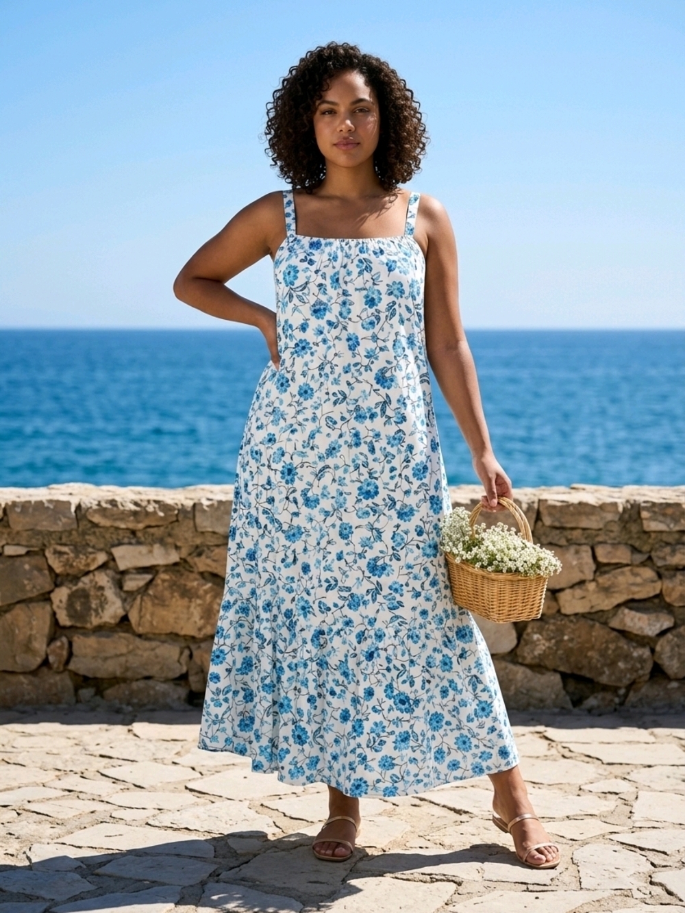 Old Navy Blue Floral Midi Dress Square Neck Tie Back A-Line XXL Plus Summer Chic
